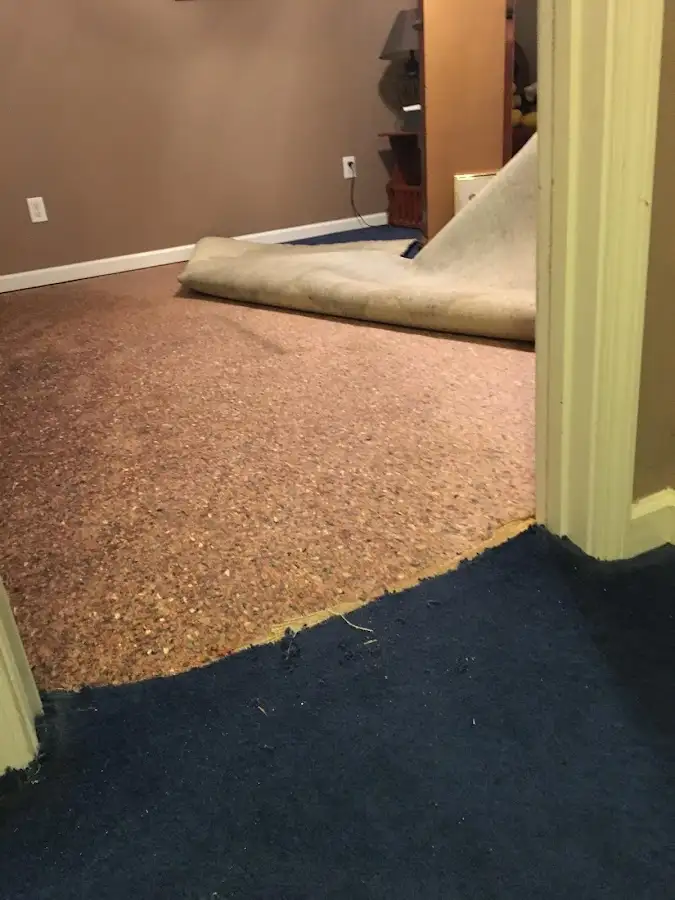 Carpet pad removal revealing water damage during Water Mitigation Services in Mobile